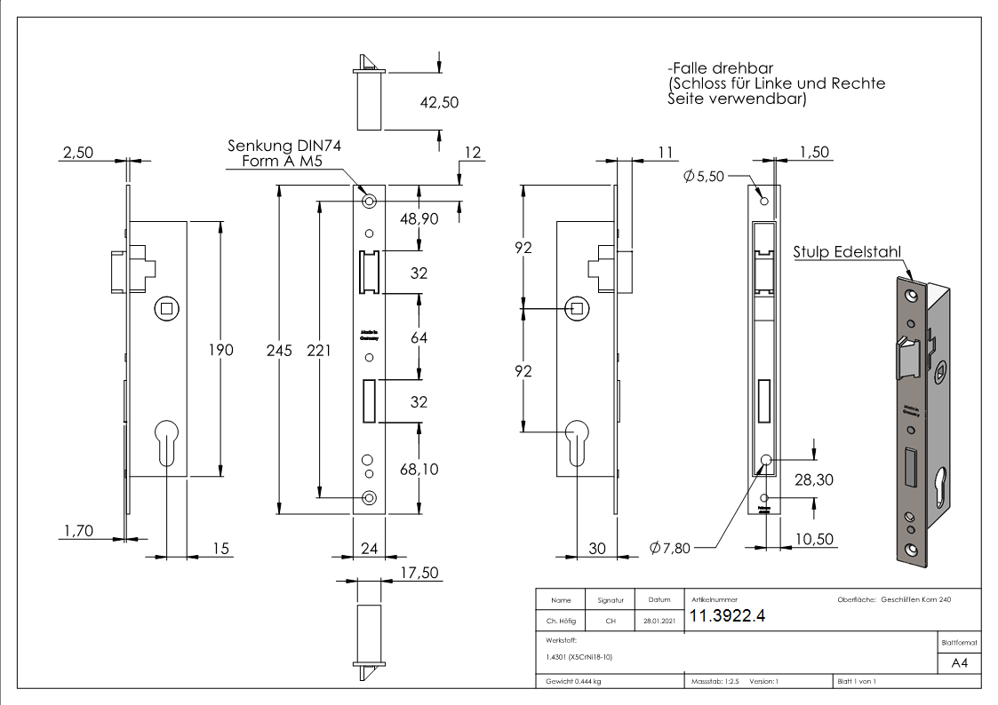 Rohrprofilschloss - Dornmass- 30 mm - Stahl -verzinkt- S235JR-11-3922.4