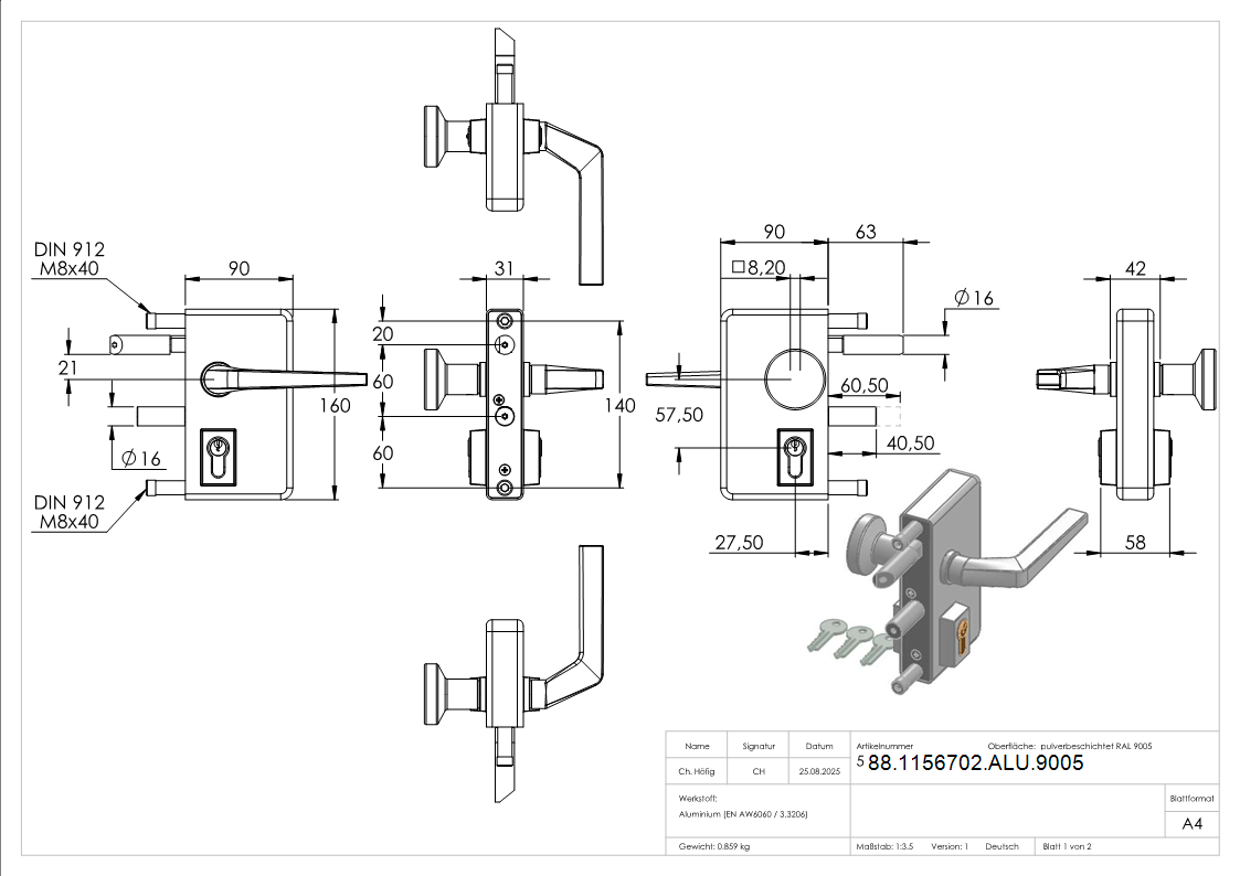 Gittertorschloss GTS 2 mit Anti-Panik-Funktion fuer Rohrstaerke 40-60mm- schwarz-88-1156702-ALU.9005