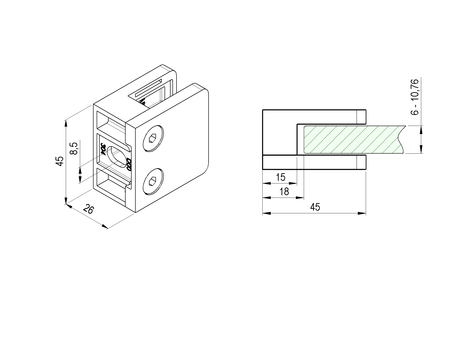Glasklemme Edelstahl V2A geschliffen fuer Glas - Blech 1-5-10-76 mm Flachpfosten-89-11A2300000-A.4