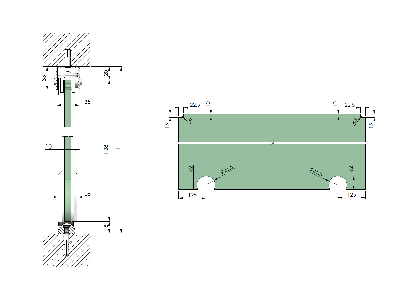 Glastuer Schiebetuer Bodenfuehrung Edelstahl AISI 304- L 3000mm- max- 100kg-89-11GS304P9201SSET-A.4
