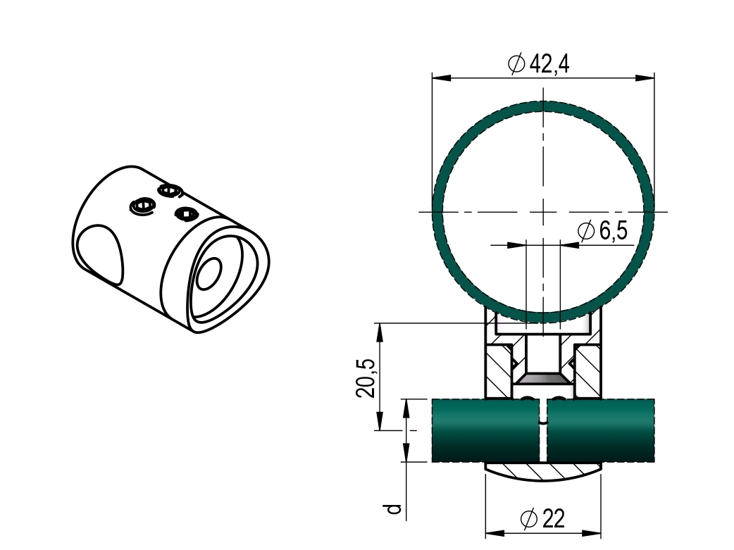 Querstabhalter V2A Edelstahl – Anschluss Ø 42-4 mm- Stossverbindung Ø 22 mm fuer Rundstaebe 12 mm-11-1040-A.4