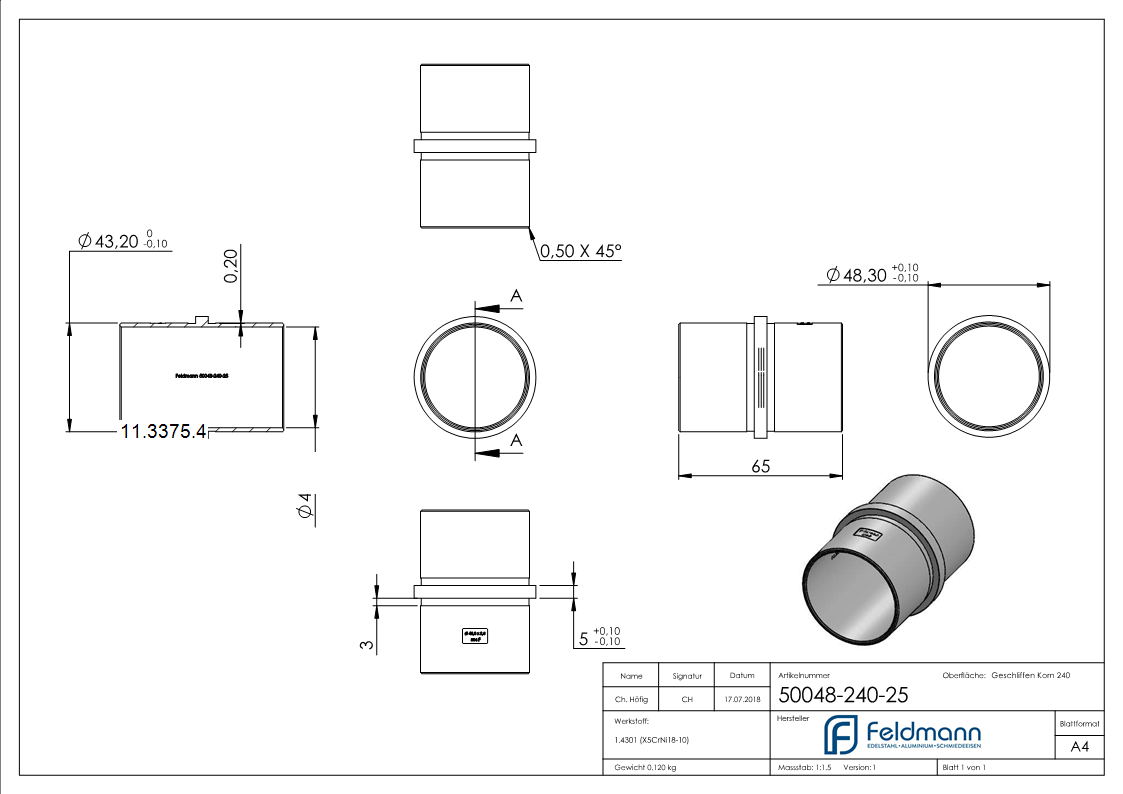 Rohrverbinder V2A fuer Rohr 48-3 x 2-5 mm- L 65 mm- mit Mittelsteg-11-3375.4