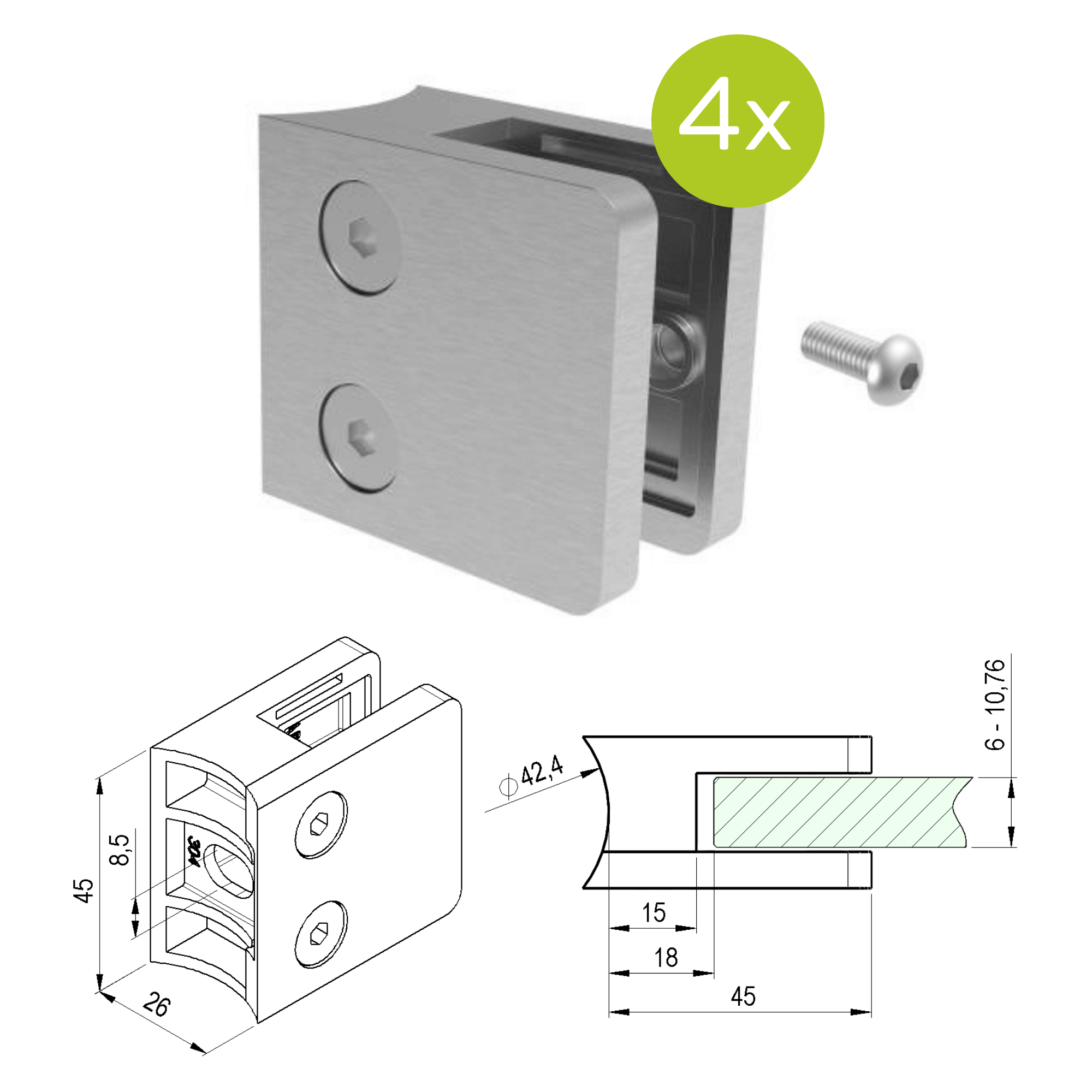 Glashalter V2A fuer Rohr 42-4 mm fuer Glas 6 - 10-76 mm halbrund 4er Set-89-11A2300042SET4-A.4