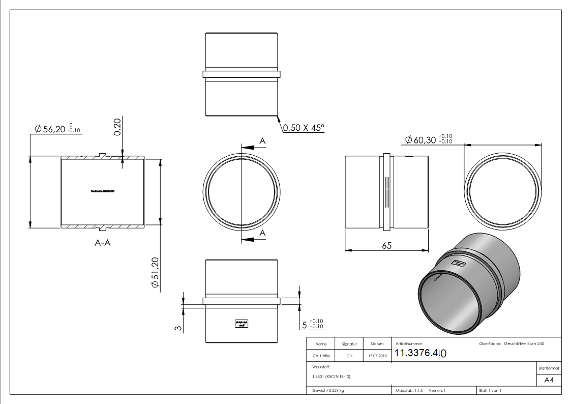 Rohrverbinder V2A fuer Rohr Ø 60-3x2-0 mm- L 65 mm- mit Mittelsteg-11-3376.4