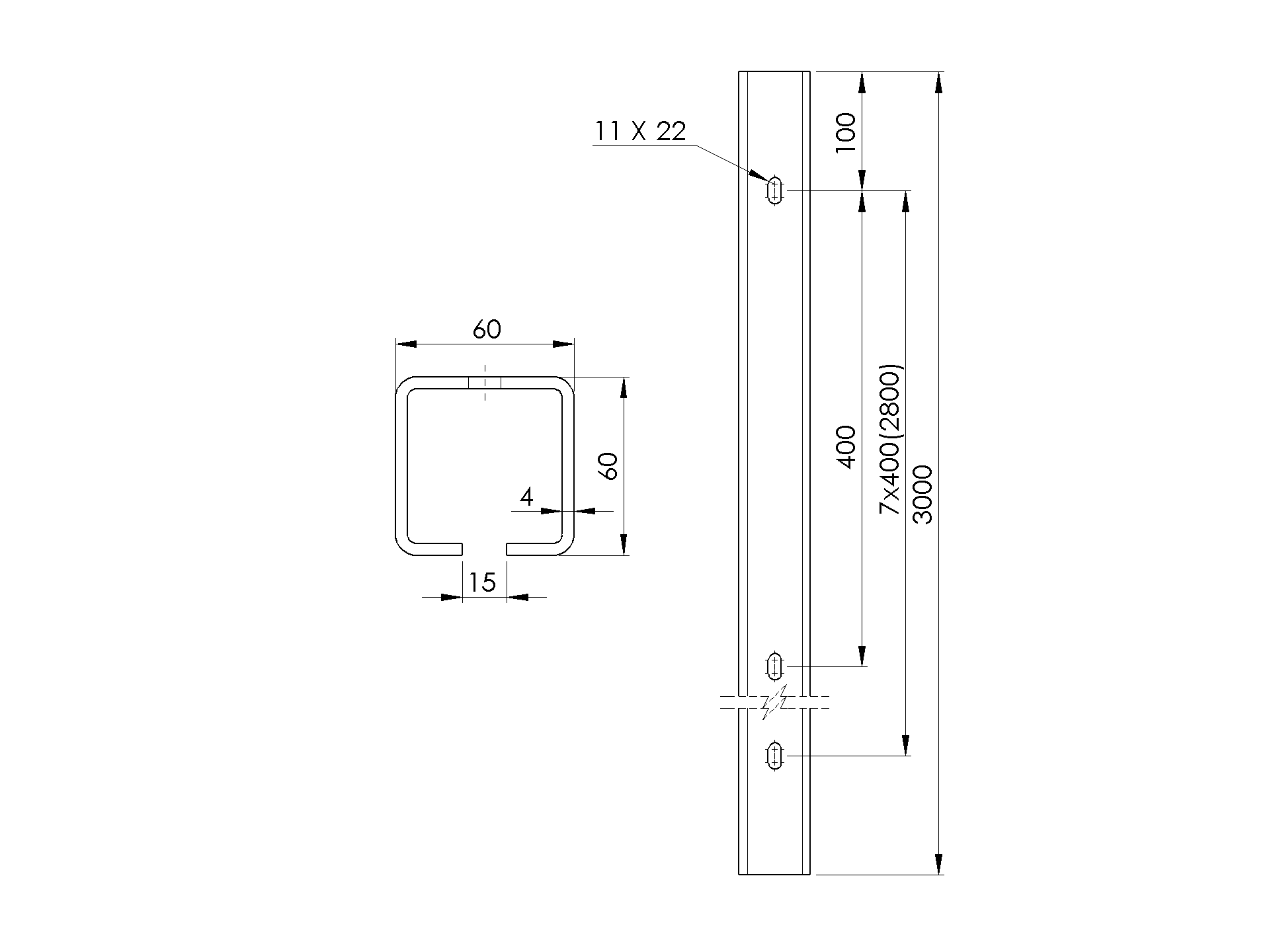 Fuehrungsprofil gelocht Stahl verzinkt 60x60x4 mm L=3000 mm-89-11H0260X60ZND3000-A.4