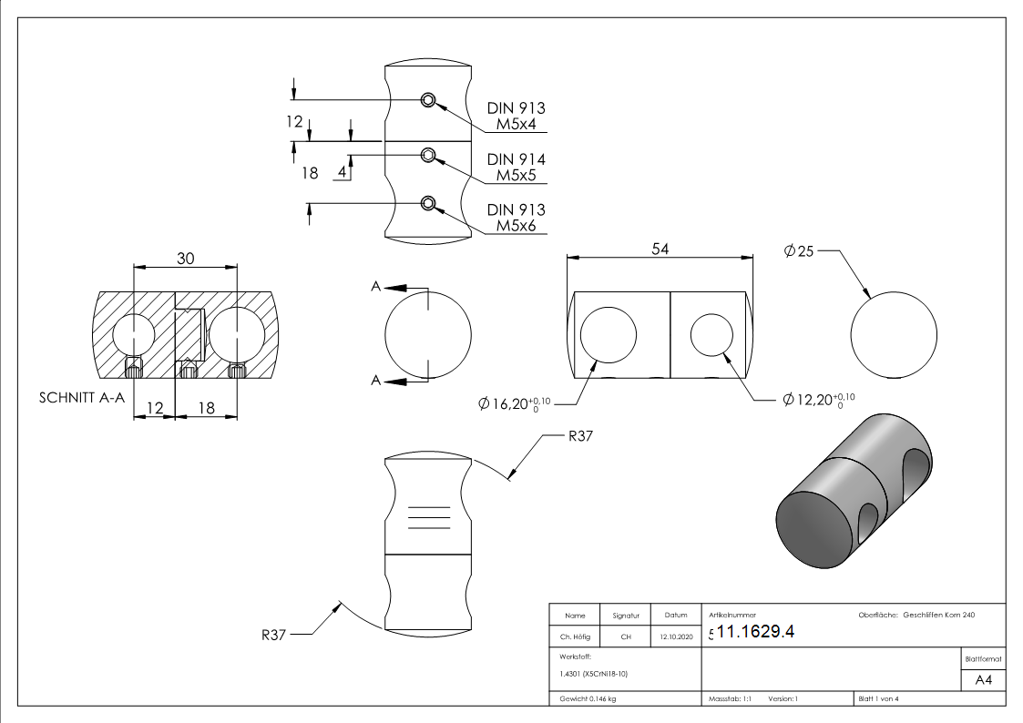 Querstabhalter V2A Edelstahl – Doppel fuer 2 Rundstaebe 16 mm und 12 mm inkl- Schrauben-11-1629.4