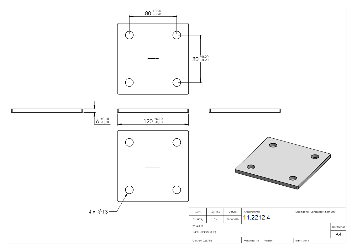 Ankerplatte Masse- 120 x 120 x 6 mm mit 4 Bohrungen á Ø 13 mm V2A-11-2212.4