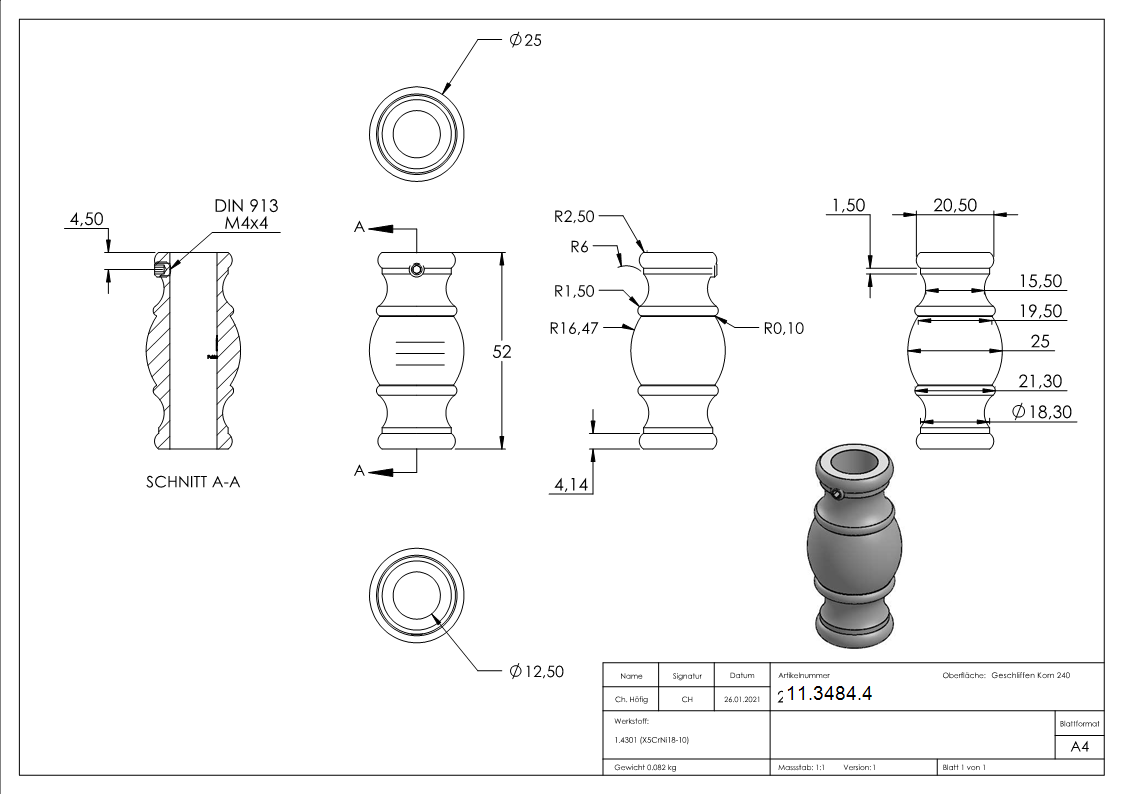 Zierhuelse 52x25 mm mit Bohrung 12-5 mm V2A-11-3484.4