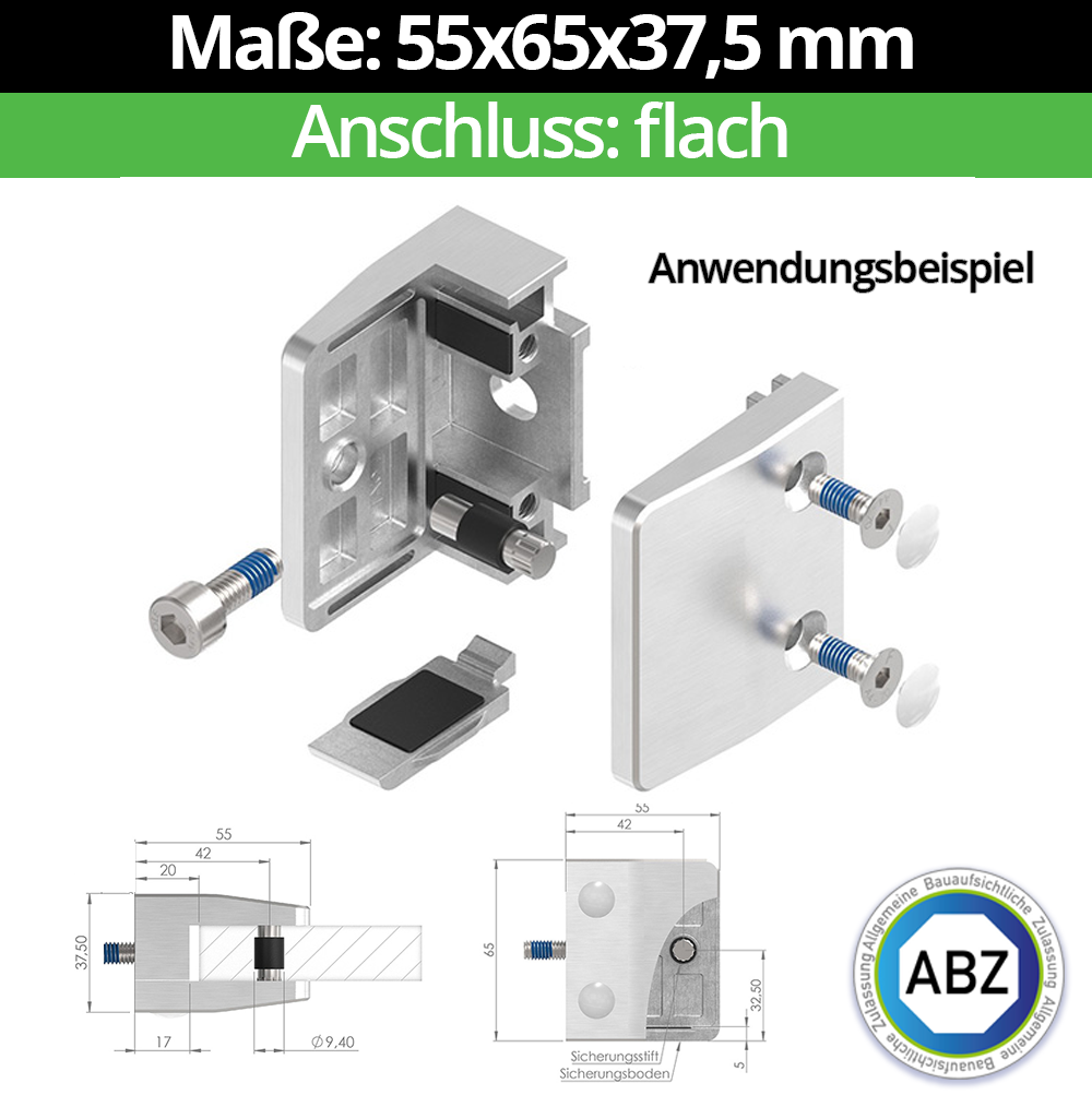Glasklemme AbZ 55x65x37-5 mm  Flach- fuer 11-52 mm VSG Glas- Nein - Ohne Sicherungsstift- Nein - Ohne Sicherungsboden-10-MODELL35-1-12-1.1