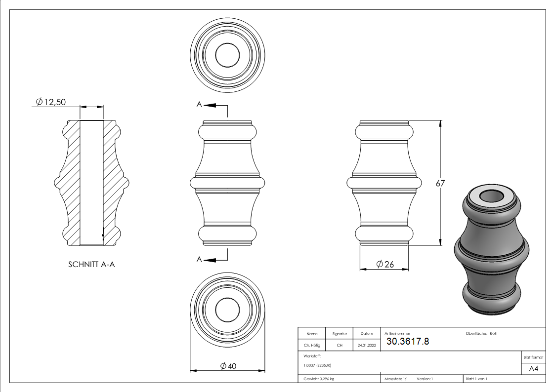 Zierhuelse - Masse- 40x67 mm - Lochung- Ø 12-5 mm - Stahl S235JR- roh-30-3617.8