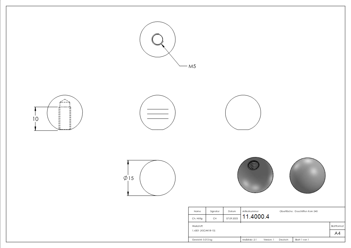 Vollkugel - Ø 15 mm - mit Gewinde M5 - V2A-11-4000.4