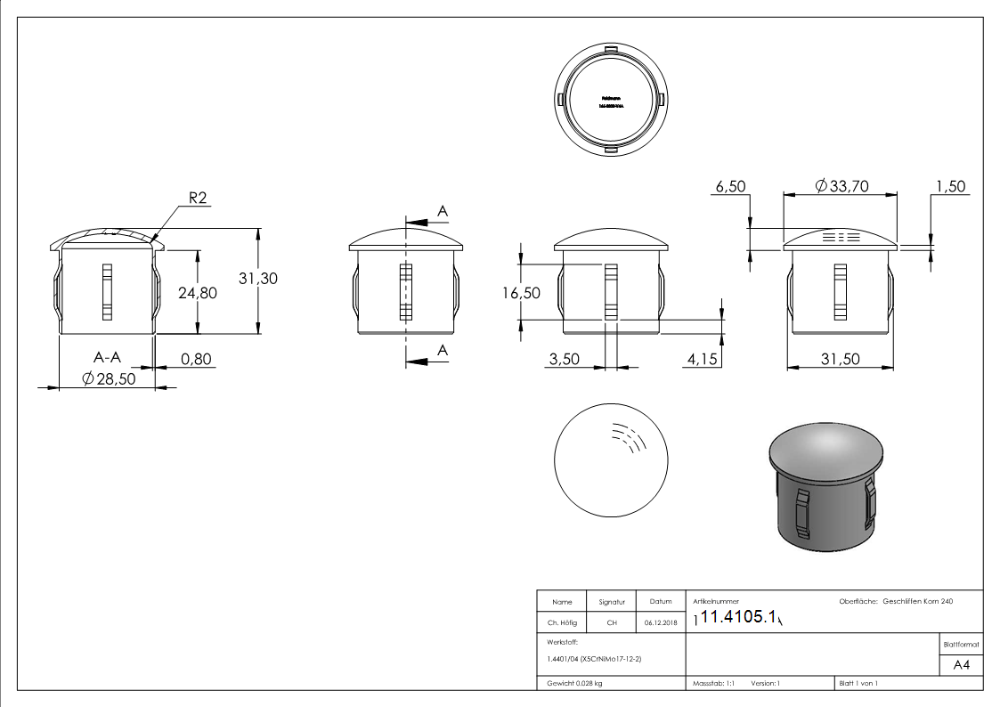Rohrstopfen fuer Ø 33-7x2-0-2-5 mm leicht gewoelbt zum Einschlagen V4A-11-4105.1