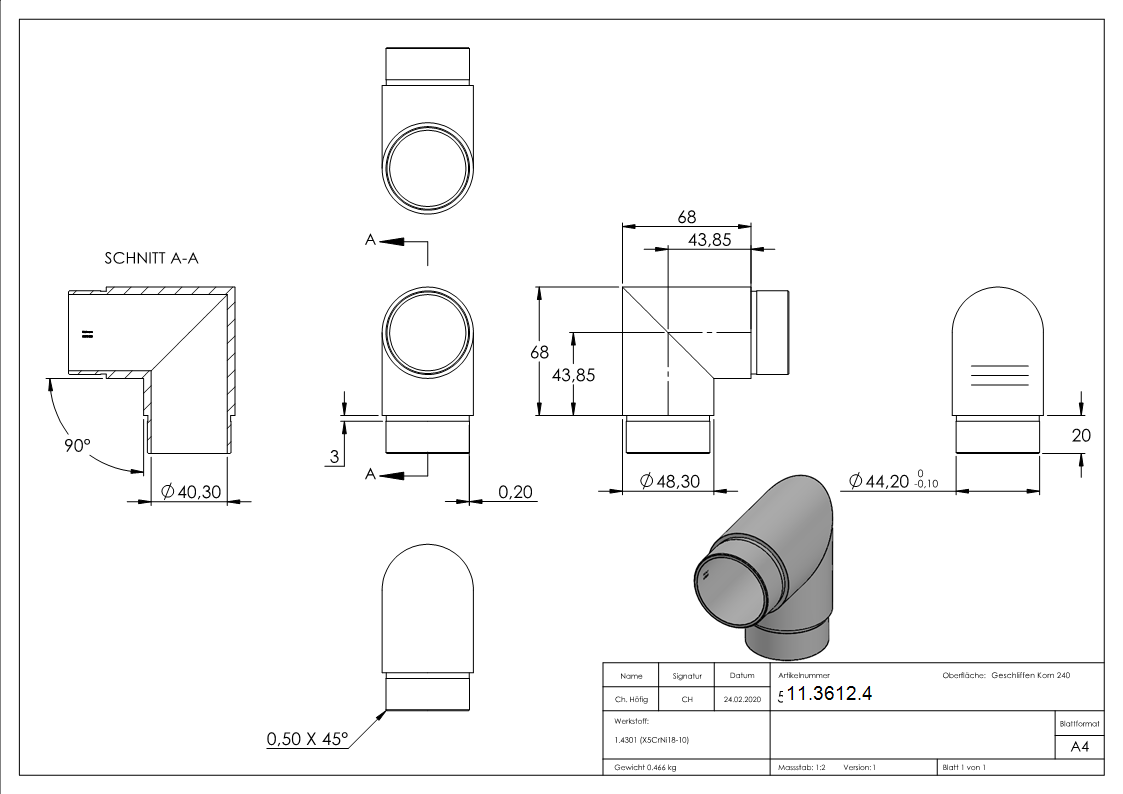 Eckbogen 90°- fuer Rundrohr Ø 48-3x2-0 mm V2A-11-3612.4