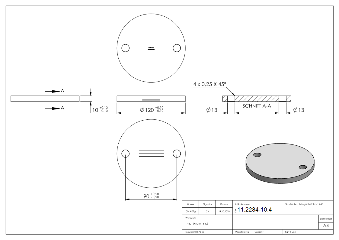 Ankerplatte Masse- 120x10 mm Laengsschliff V2A-11-2284-10.4
