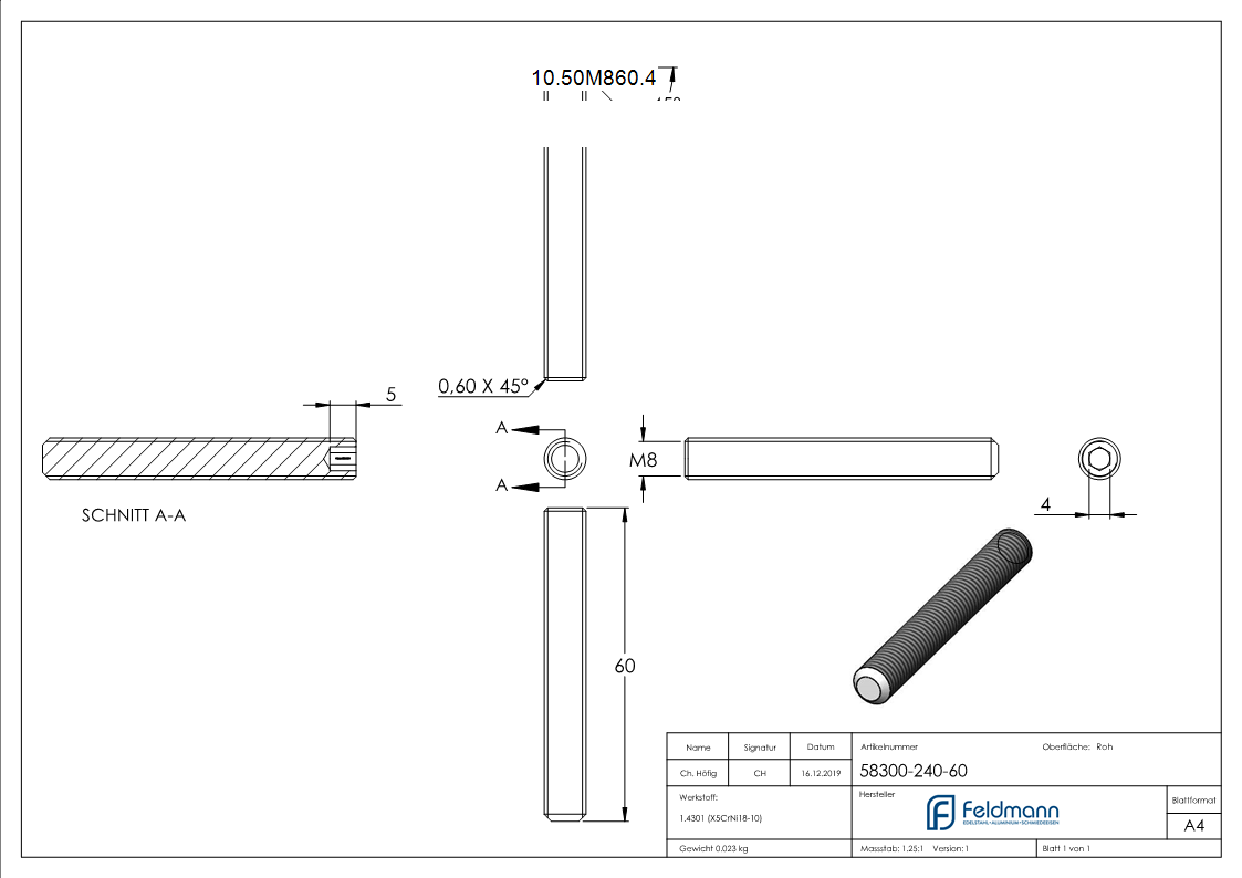 Gewindestift V2A M8x60 DIN 913 - ISO 4026-10-50M860.4
