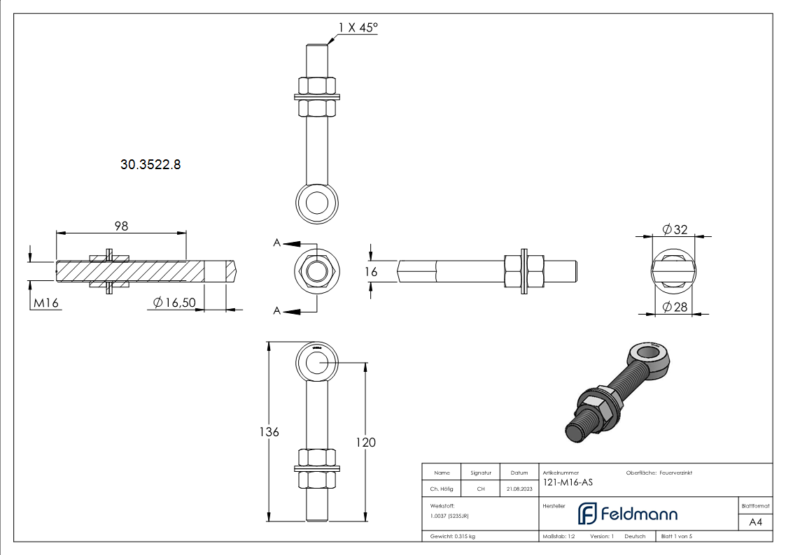 Torband Augenschraube M16 x 117 mm - Komplett Feuerverzinkt - inkl- Muttern - Scheiben-30-3522.8