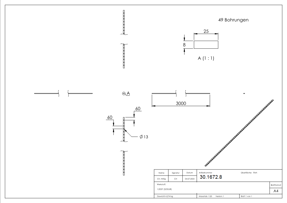Flacheisen gelocht - Laenge- 3000 mm - 49 Lochungen - Stahl -Roh- S235JR-30-1672.8