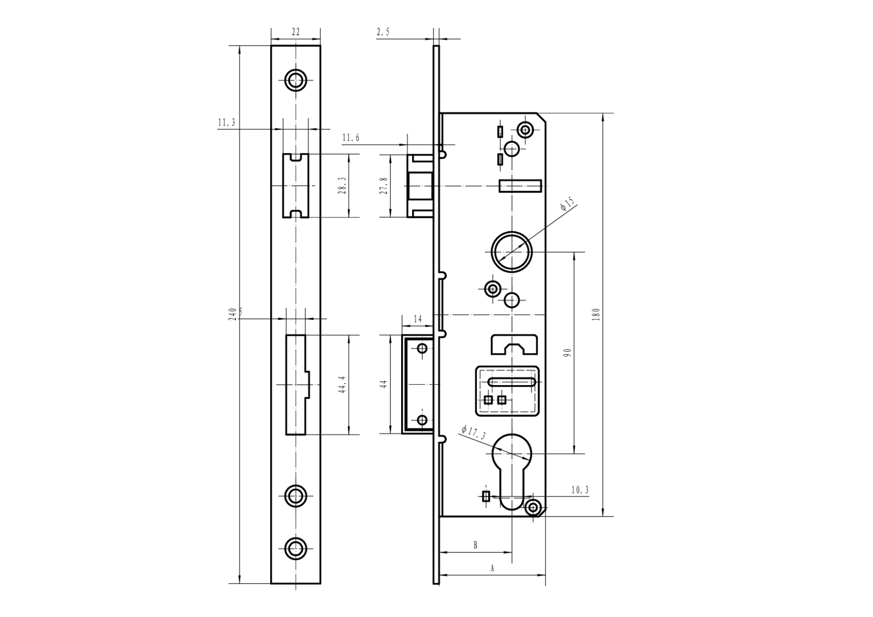 Zylinderschloss Edelstahl AISI 304 fuer 40x40mm Profil- 90 mm Axialabstand-89-11B83025X90B-A.4