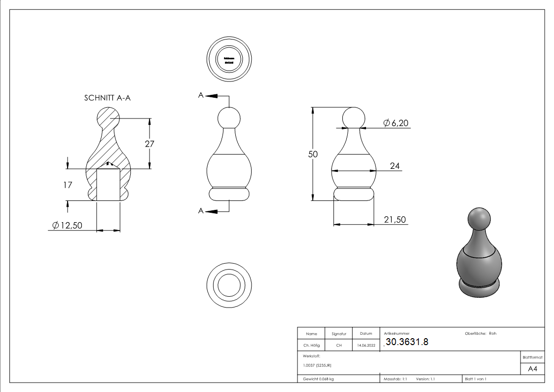 Zierhuelse - Masse- 23x50 mm - Lochung- Ø 12-5 mm - Stahl S235JR- roh-30-3631.8