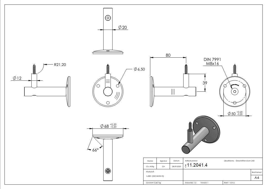 Handlaufhalter mit Ronde 70x5 mm und Holzschraube M6 V2A-11-2041.4
