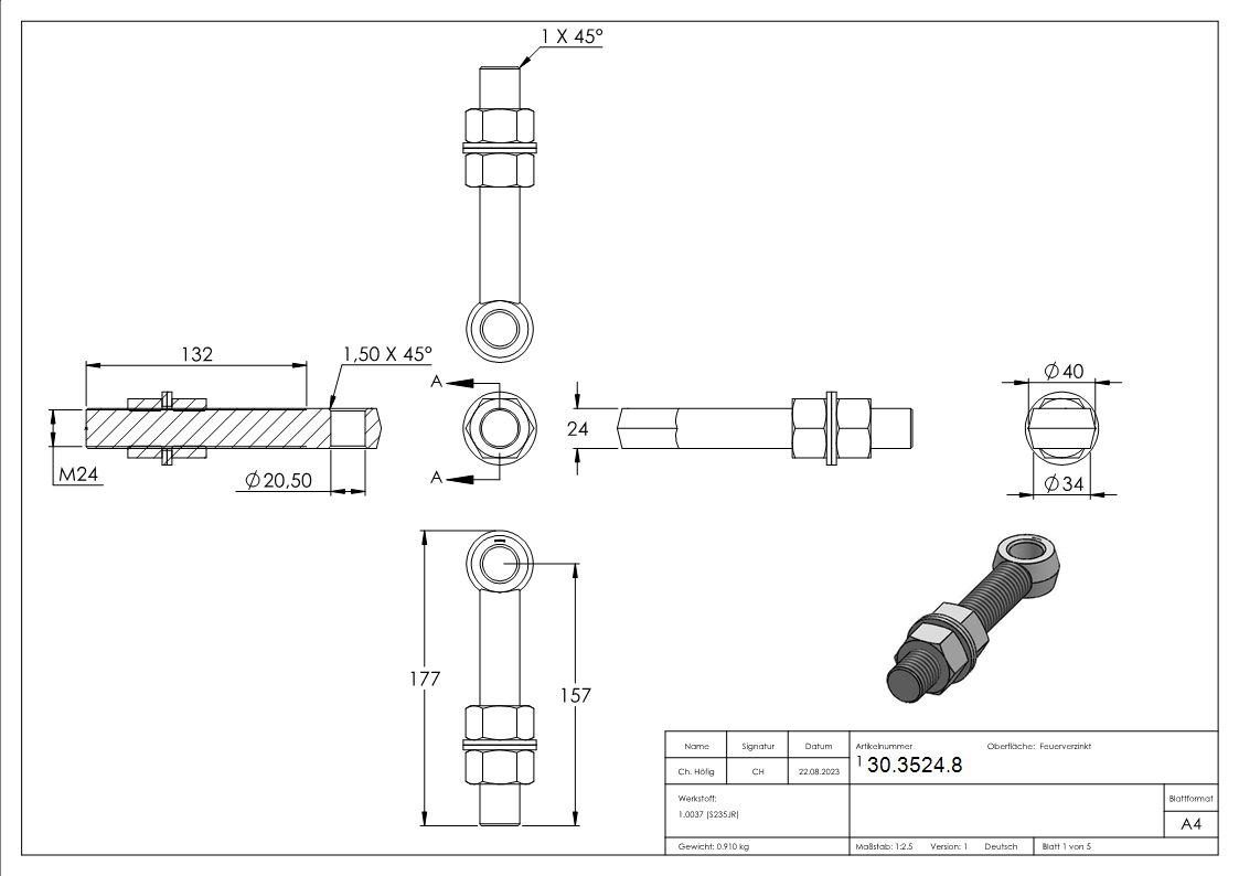 Torband Augenschraube M24 x 160 mm - Komplett Feuerverzinkt - inkl- Muttern - Scheiben-30-3524.8