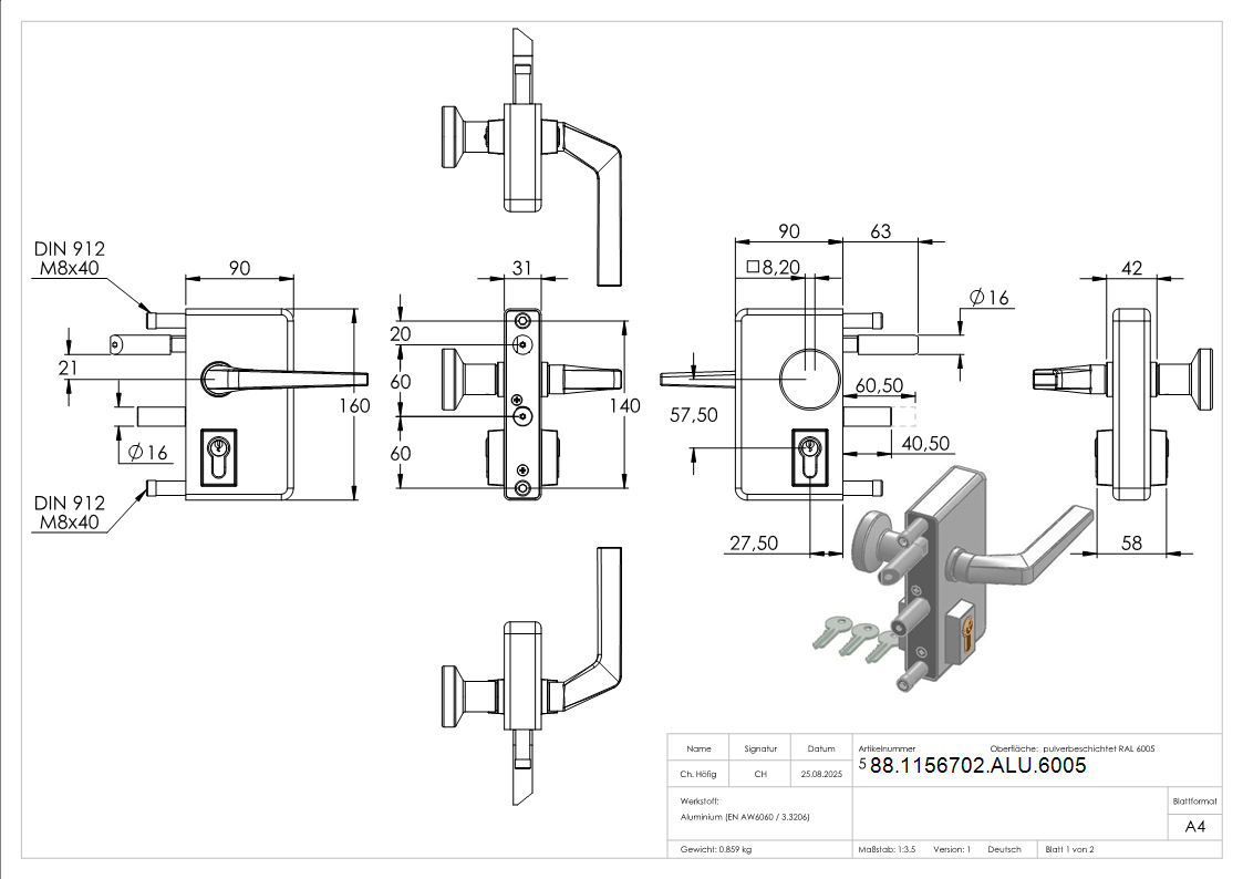 Gittertorschloss GTS 2 mit Anti-Panik-Funktion fuer Rohrstaerke 40-60mm- moosgruen-88-1156702-ALU.6005