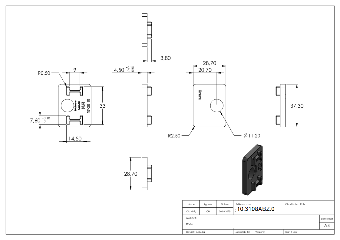 1 Paar Gummis zu Glasklemme 52x52x32-5 mm AbZ fuer 8 mm Glas ESG-10-3108ABZ.0