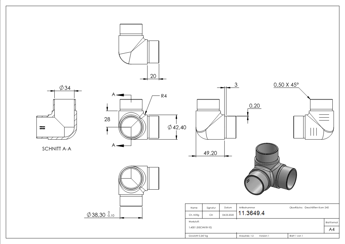 Ecke-Abgang 90° fuer Rundrohr Ø 42-4x2-0 mm V2A-11-3649.4
