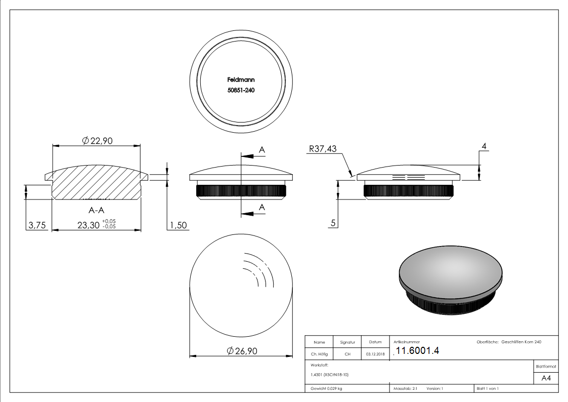 Rohrstopfen leicht gewoelbt V2A fuer Ø 26-9x2-0 mm - duenne Ausfuehrung-11-6001.4