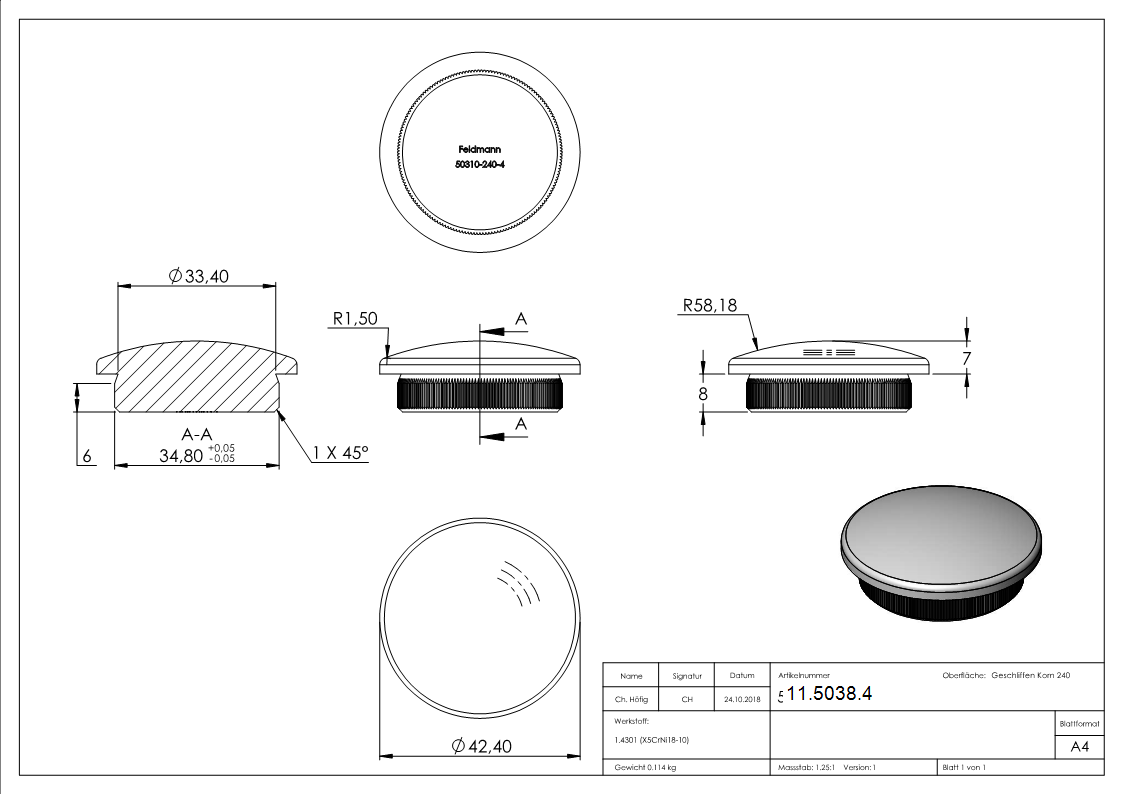 Rohrstopfen fuer Ø 42-4x4-0 mm leicht gewoelbt zum Einschlagen  V2A-11-5038.4