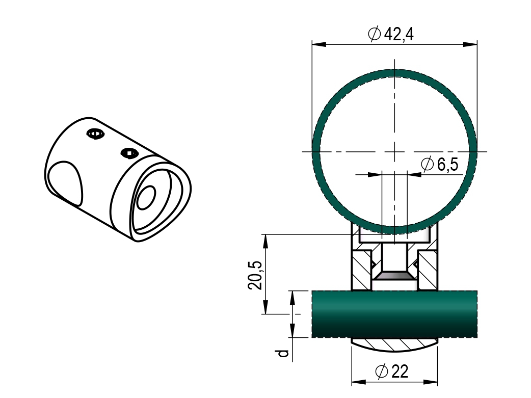 Querstabhalter V2A Edelstahl Ø 22 mm – Anschluss 42-4 mm fuer Rundstaebe 10 mm-11-1020-A.4