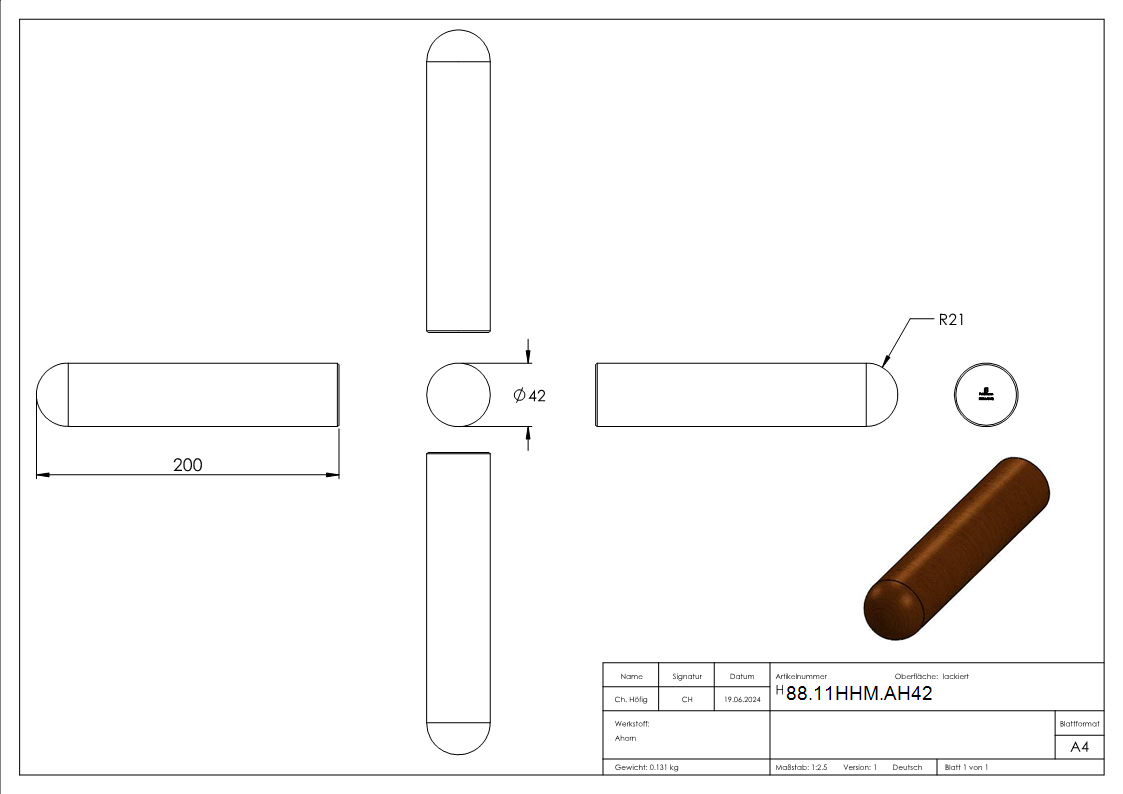 Holzhandlauf Ahorn Ø 42mm- Laenge 200mm- lackiert-88-11HHM.AH42