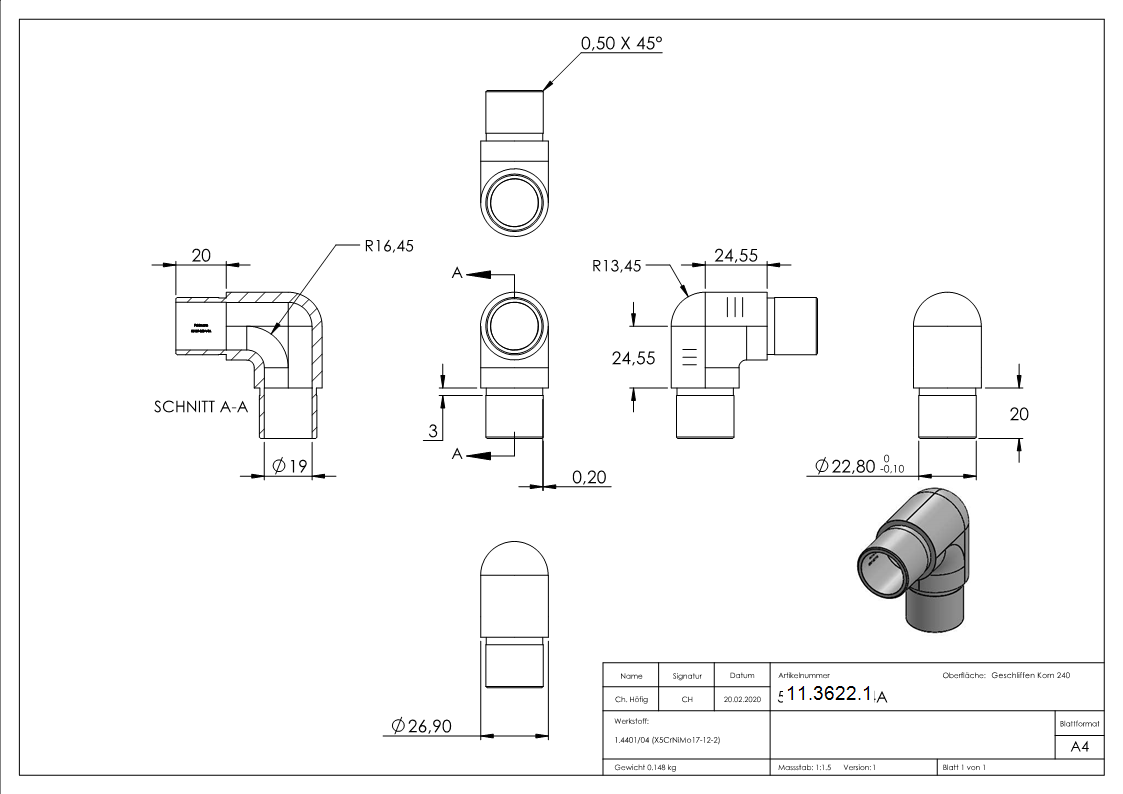Eckbogen 90° eng- fuer Rundrohr Ø 26-9x2-0 mm V4A-11-3622.1