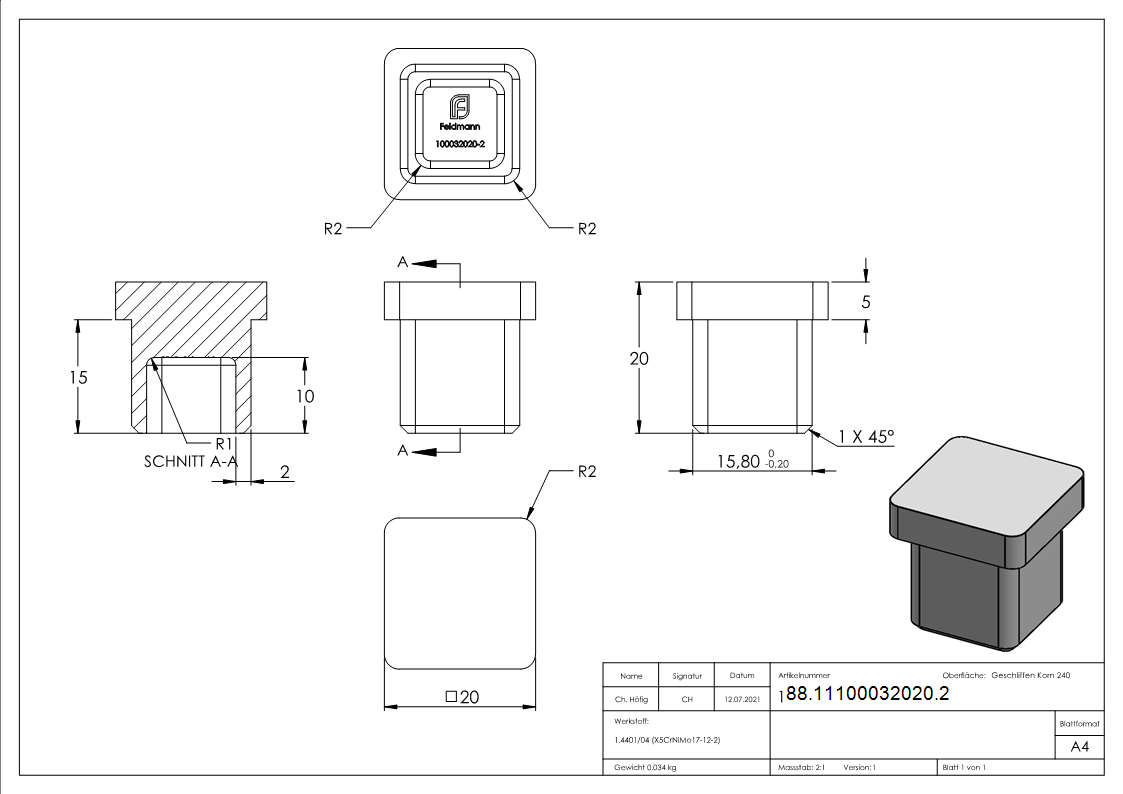 Einsteckkappe V4A Edelstahl fuer Quadratrohr 20 x 20 x 2-0 mm-88-11100032020.2