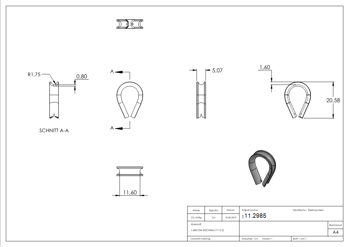Kausche - fuer Seil Ø- 2 mm - 8 mm - V4A-11.2985