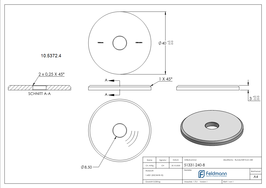 Ausgleichsstueck Ø 40 mm mit Bohrung 8-5 mm V2A-10-5372.4