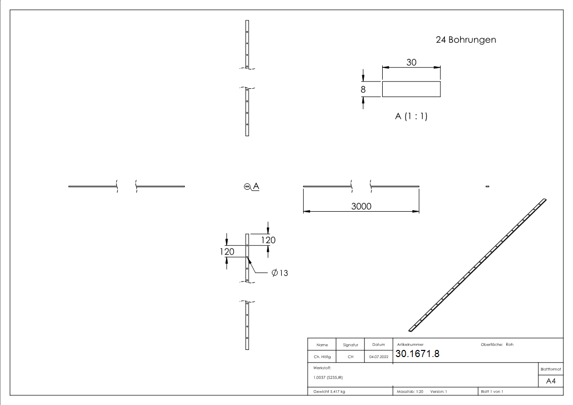 Flacheisen gelocht - Laenge- 3000 mm - 24 Lochungen - Stahl -Roh- S235JR-30-1671.8