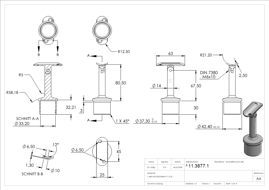 Handlaufstuetze aus einem Teil fuer 42-4x2-6 mm Rohr mit Gelenk und Halteplatte fuer Ø 42-4 mm Rohr-11-3877.1