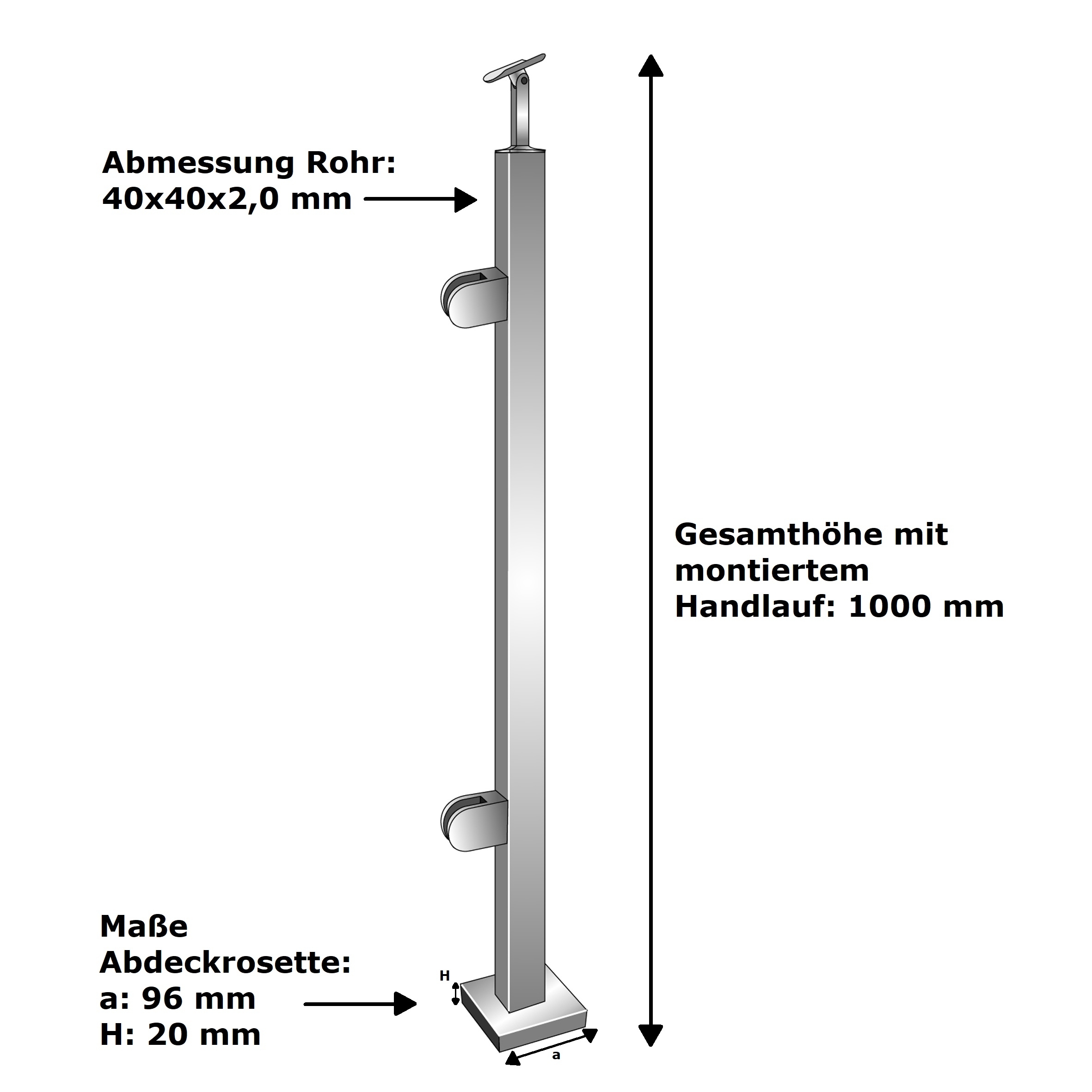 Gelaenderpfosten V2A 1000 mm hoch fuer Glas 8-76 mm Bodenmontage links Endpfosten-14-0060EG-A.4
