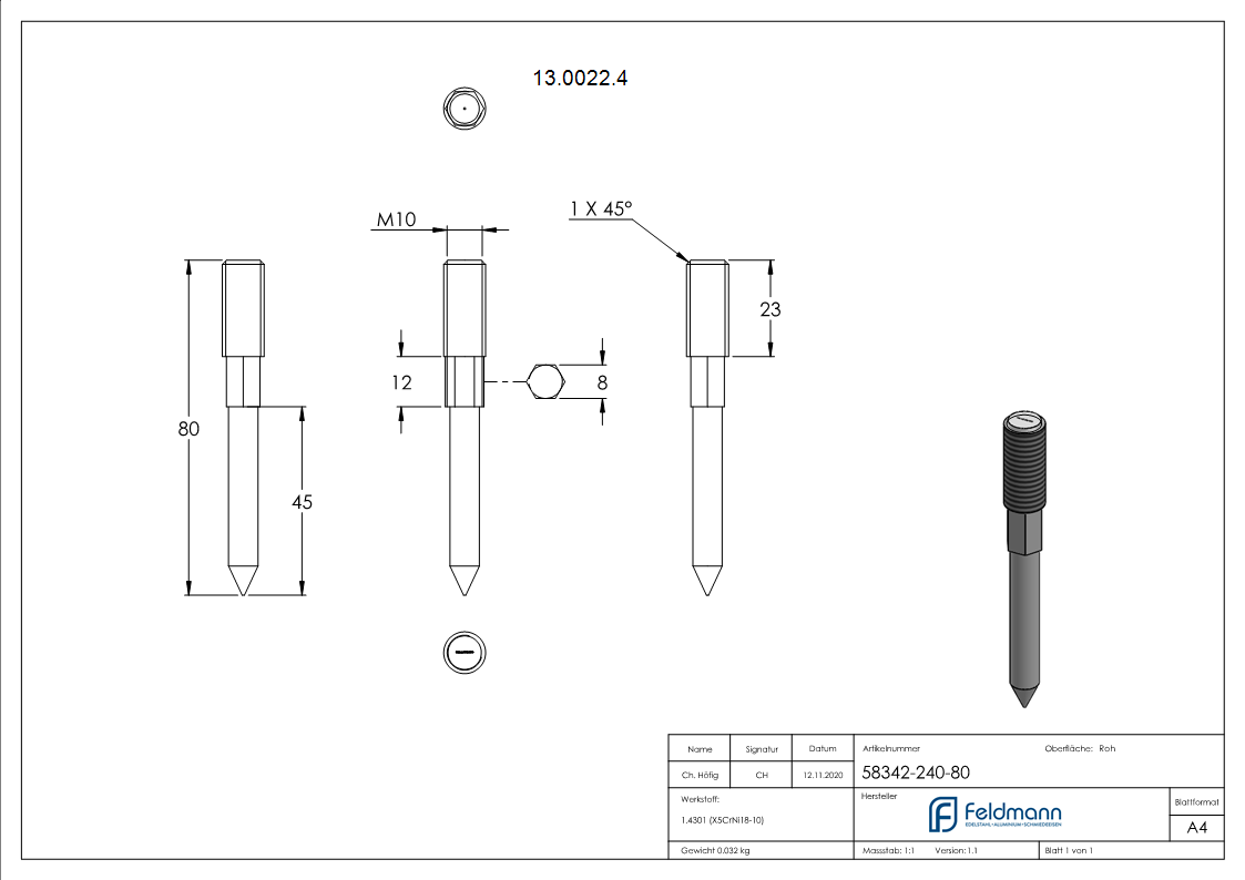 Stockschraube V2A Edelstahl M10x80 mm Holzgewinde-13-0022.4