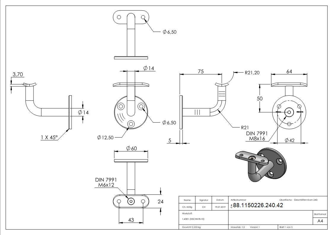 Handlaufhalter V2A fuer Rohr 42-4 mm Ronde 60x5 mm Wandabstand 74 mm ohne Kabeldurchfuehrung-88-1150226-240.42