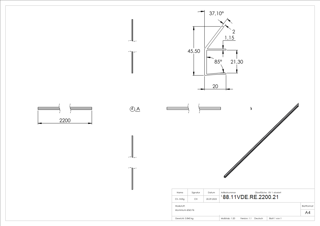 Regenrinne fuer Vordaecher- Glas 21-52mm- L=2200mm- E4-EV1-88-11VDE-RE-2200.21