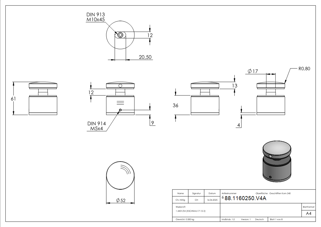 Glaspunkthalter Ø 52 mm- V4A- verstellbarer Wandabstand- Anschluss- Flach mit AbP-88-1160250.V4A