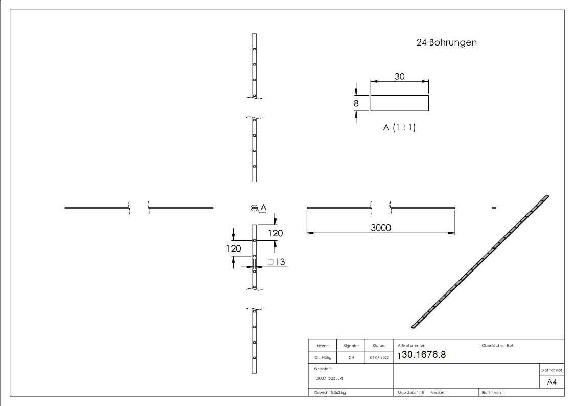 Gestanzte Stange - Masse- 30x8 mm - Laenge- 3000 mm - Stahl S235JR- roh-30-1676.8