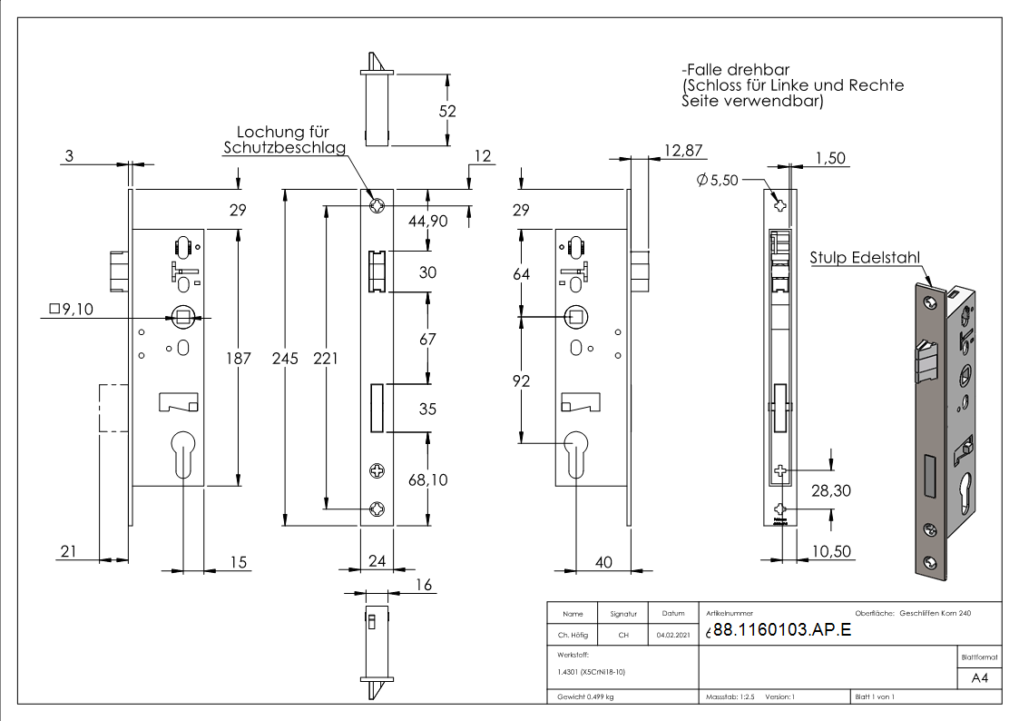 Rohrrahmenschloss verzinkt mit Dornmass 40mm- mit Anti-Panikfunktion E-88-1160103-AP.E
