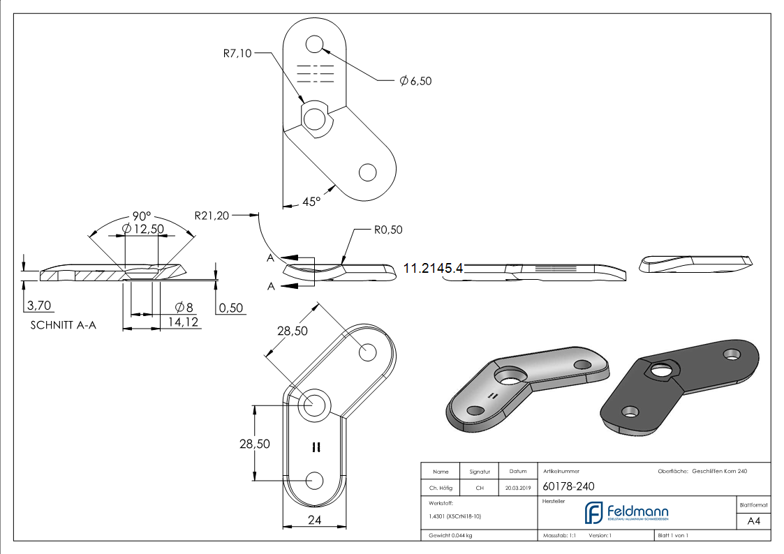 Handlaufanschlussplatte 135° fuer Rohr Ø 42-4 mm V2A-11-2145.4