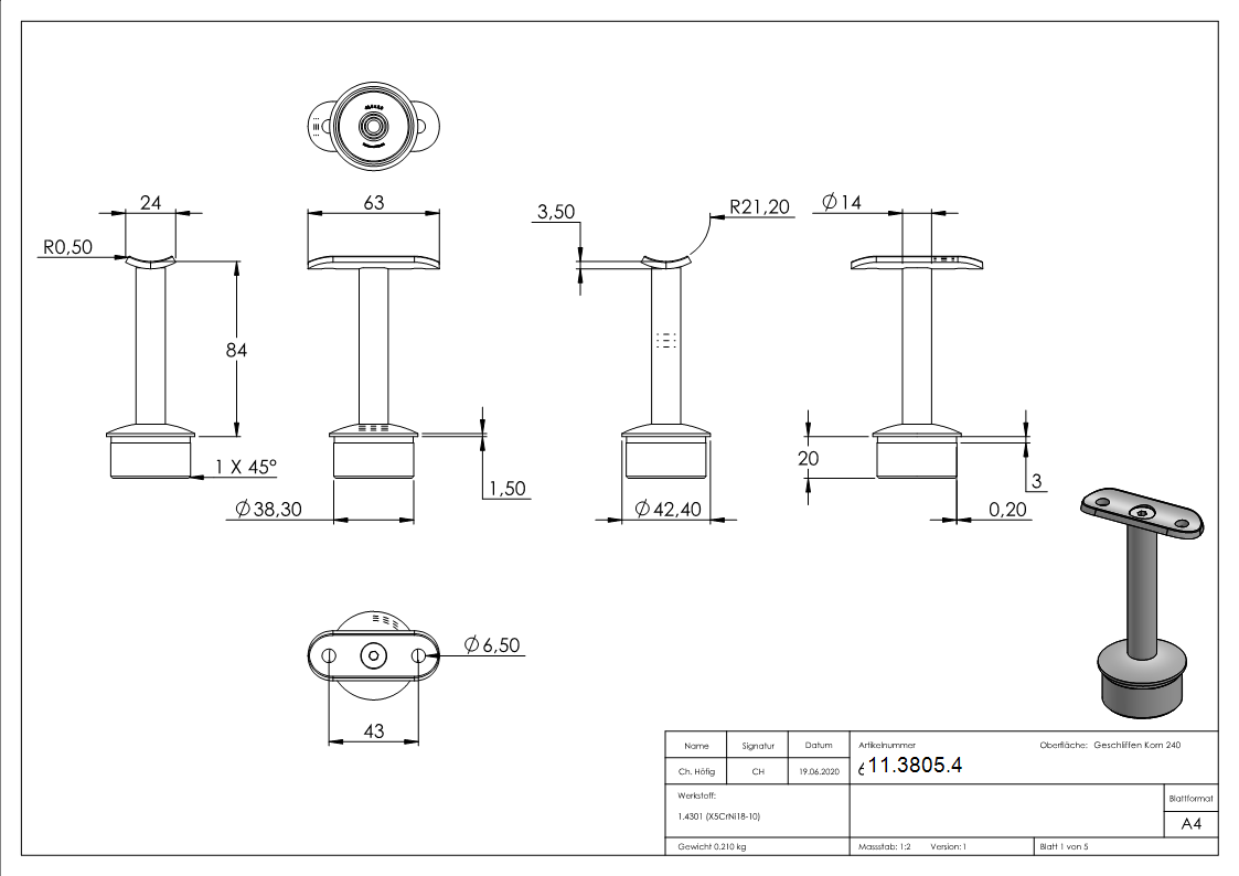 Handlaufstuetze V2A fuer 42-4x2-0 mm mit Halteplatte fuer Ø 42-4 mm-11-3805.4