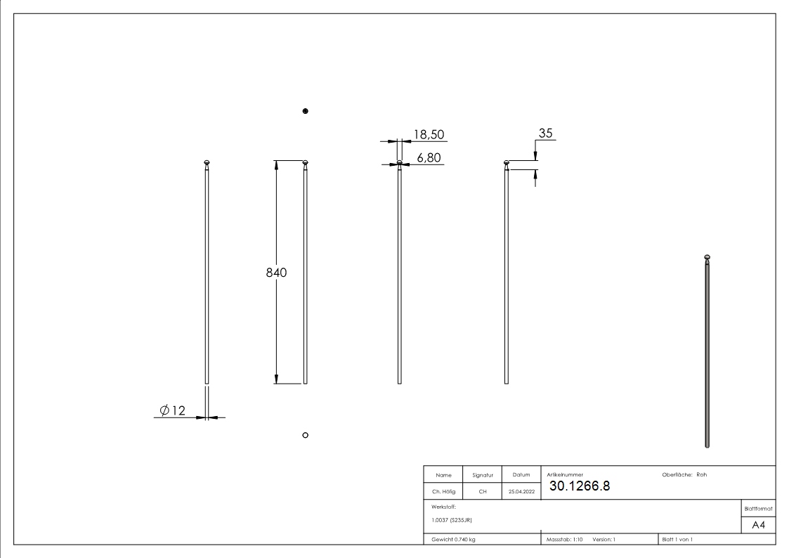 Zaunstab - Laenge- 840 mm - Material Ø 12 mm - Stahl S235JR- roh-30-1266.8