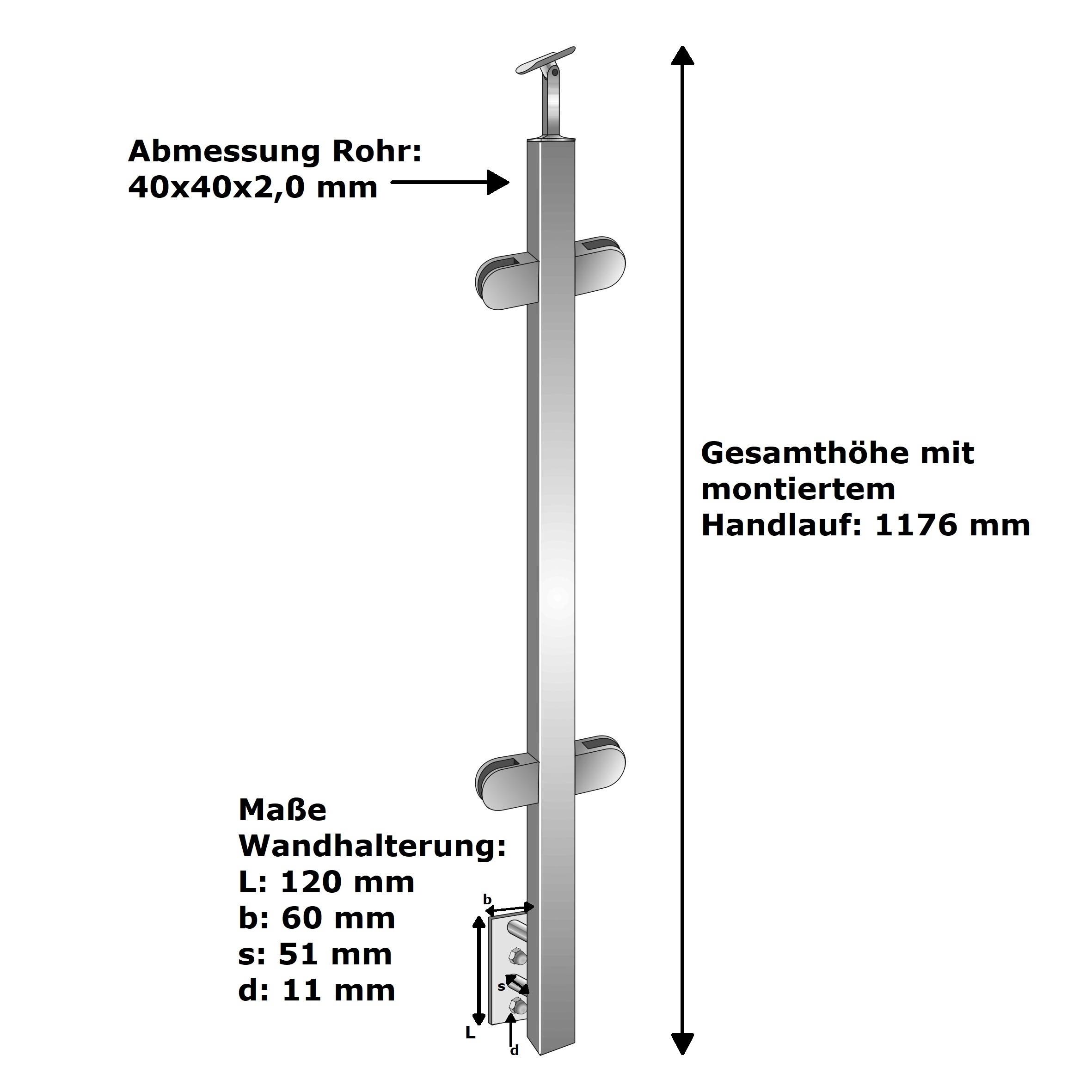 Gelaenderpfosten V2A 40x40x2 mm 1000 mm Seitenverankerung fuer Glas 8-76 mm geschliffen-14-0063EG-A.4