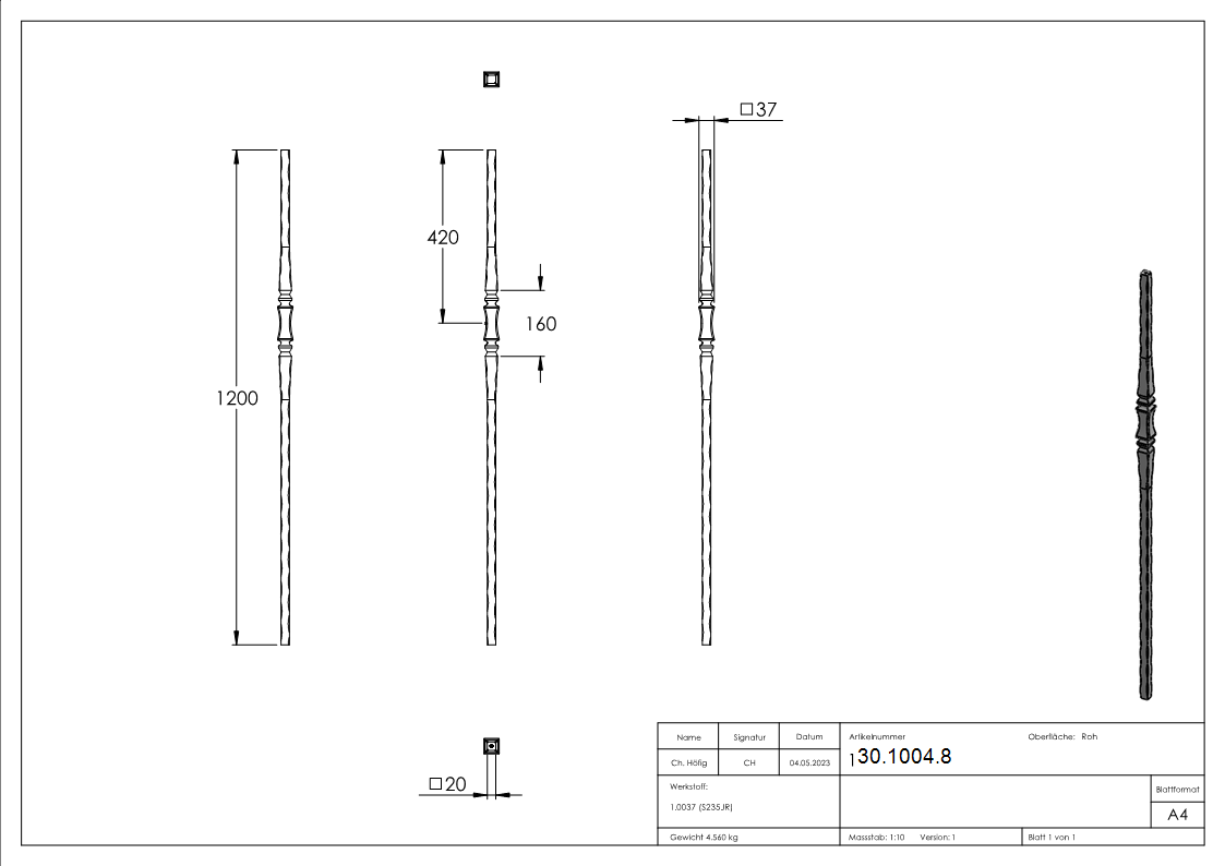 Anfangsstab Laenge- 1200 mm Material- 20x20 mm Stahl S235JR- roh-30-1004.8